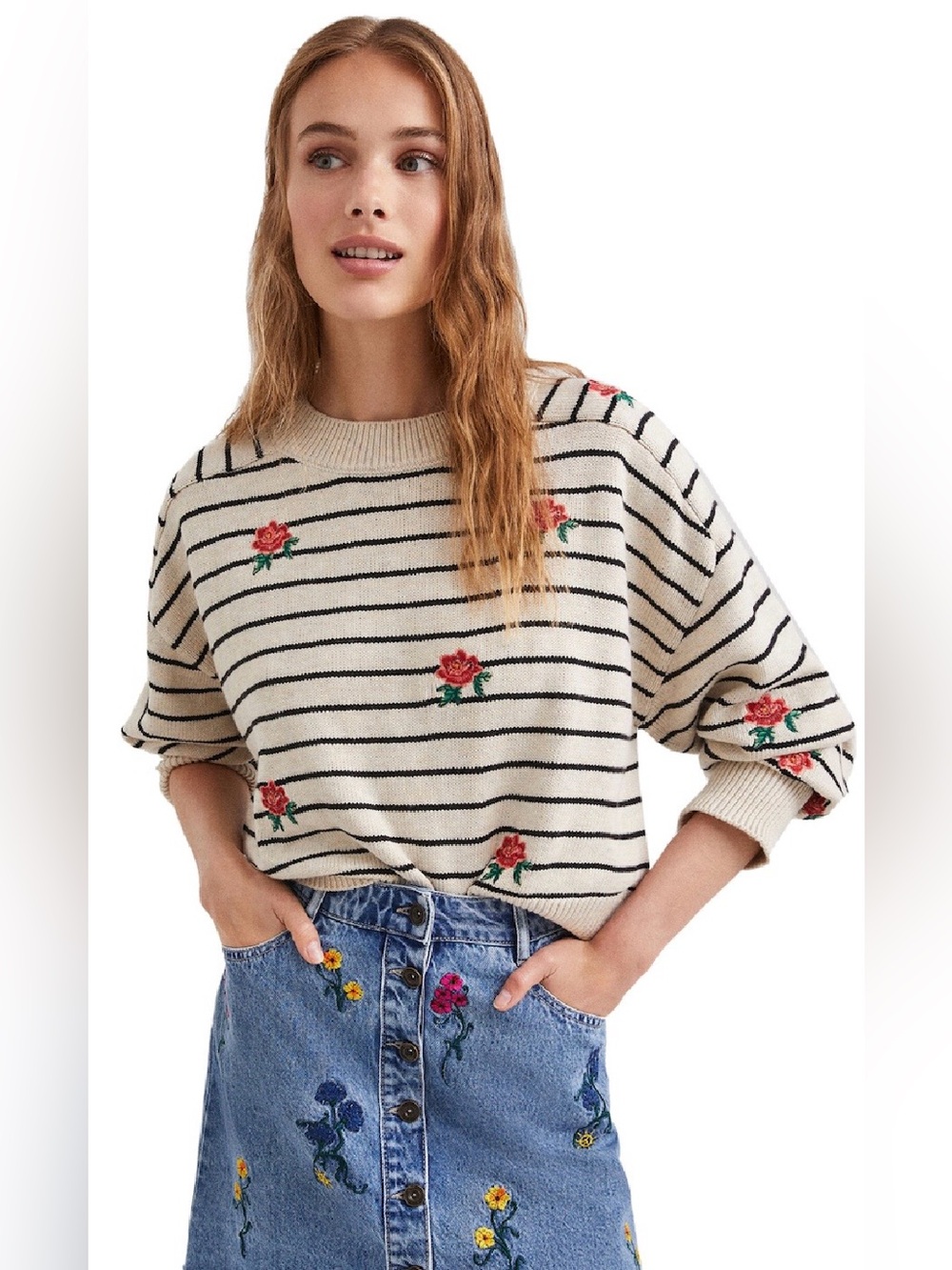 Desigual St. Tropez Long Sleeve Sweater in Striped Beige Size Medium NWOT (#467)
